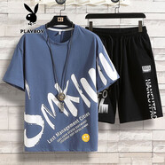 花花公子短袖t恤男夏季套裝男裝衣服休閑夏裝薄體恤青少年學(xué)生兩件裝 短褲藍色套裝 L