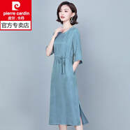 皮爾卡丹女裝2025新款夏銅氨絲七分袖長裙收腰顯瘦遮肚 灰藍色 XL