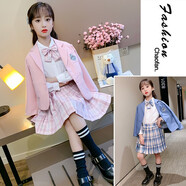 花糖鼠三件套女童兒童西服套裝裙子春秋女孩中大童學院風韓版學生校服 粉色三件套 150 建議身高140-150cm左右穿