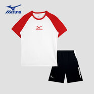 美津濃（MIZUNO）兒童運(yùn)動(dòng)套裝男女同款2024夏季新款運(yùn)動(dòng)T恤休閑短褲 紅色 TZ24230273 150cm (建議身高145-155cm)