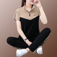 俞兆林（YUZHAOLIN）媽媽裝胖媽媽夏裝大碼棉短袖40歲50中老年運動(dòng)套裝女中年兩件套 卡其色 M [85-95斤]