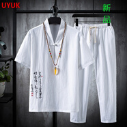 UYUK國風(fēng)中國風(fēng)套裝男唐裝男潮牌復(fù)古外套中式漢服古裝冰絲短袖T恤男青年 TZ018白色 XXL