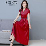SIN.CYC女裝闊太太修身連衣裙長款夫人裙子韓版氣質(zhì)夏季洋氣遮腹裙子 酒紅色 M