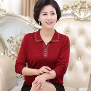 戴媽媽中老年女裝媽媽裝春秋裝長(cháng)袖上衣t恤毛衣針織打底衫40-70歲奶奶裝 酒紅色長(cháng)袖 XL  建議115-125斤