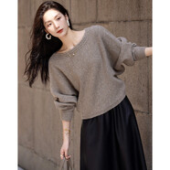 德瑪納【焦糖瑪奇朵】春秋慵懶風(fēng)一字領(lǐng)線衫蝙蝠袖舒適遮肉針織衫女上衣