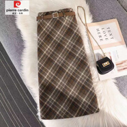 皮爾卡丹（pierre cardin）格子毛呢半身裙復古2025百搭包臀秋冬新款高腰顯瘦開(kāi)叉中長(cháng)裙子 卡其色 裙長(cháng)72 L 腰圍72建議105-115斤