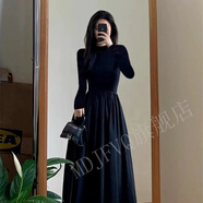 MDJFVQ雨夕小姐2024法式磨毛薄絨女士半高領(lǐng)長(cháng)袖連衣裙修身內搭赫本風(fēng) 黑色/Black【有口袋】 S