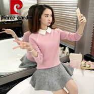 皮爾卡丹（pierre cardin）假兩件針織針織衫女秋冬學(xué)生上衣韓版寬松可愛(ài)娃娃領(lǐng)套頭襯衫領(lǐng)毛 粉紅色 L -建議100-115斤