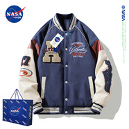 NASADKGM夾克外套男秋冬季新款美式棒球服外套男潮流寬松情侶繡花上衣夾克 L23666藏青色（加棉） XL （建議130-150斤）