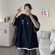 毅訫假兩件短袖男生百搭夏季t恤情侶純棉寬松半袖衣服潮牌五分半截袖 黑色 L 建議105-120斤