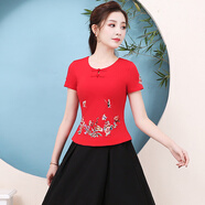 中國(guó)風(fēng)刺繡純棉t恤女裝半袖民族風(fēng)復(fù)古顯瘦短袖白色上衣修身小衫 紅色 5XL 140-149斤