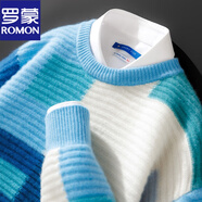羅蒙（ROMON）羊毛絨男士冬季寬松圓領(lǐng)拼色加厚毛衣休閑針織100%純羊毛打底衫男 藍色 XL
