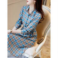 德瑪納（dme）【復古格紋連衣裙】秋季通勤寬松H型腰帶長(cháng)袖氣質(zhì)連衣裙女 淺藍 S