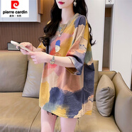 皮爾卡丹（pierre cardin）國際品牌純棉中長款短袖t恤女夏裝2025新款寬松大尺碼洋氣遮屁股 深彩色 L 適合121-140斤