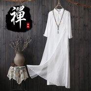茶服女禪服女小個子佛系春夏禪意旗袍大碼中國風(fēng)復(fù)古顯瘦棉麻連衣裙仙氣 米白色 M