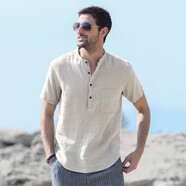 漢絮輕柔透氣短袖亞麻襯衫男士文藝休閑上衣薄款立領(lǐng)麻料襯衣 原麻色 S