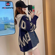 AEMAPE外套女2025春秋冬季新款衛衣連帽牛仔拼接毛衣短外套女上衣 藏青色 2XL _140-160斤