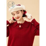 紫涵（ZIHAN）紫涵翻領(lǐng)盤(pán)扣針織衫女年冬季甜美學(xué)院風(fēng)親膚套頭針織毛衣 復(fù)古紅 M