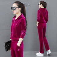 舒夢(mèng)萊 春秋女士套裝運動(dòng)休閑套裝時(shí)尚金絲絨連帽兩件套運動(dòng)服套裝衛衣 玫紅天YTS5603 XL （建議110-120斤）