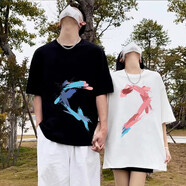 JSRXOQ瑯琊情侶服飾愛心涂鴉情侶裝重磅T恤圓領(lǐng)短袖一男一女款ins夏套裝 黑T/男/藍(lán)涂鴉+白T/女/粉涂鴉 男S(80-95斤)