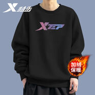 特步（XTEP） 衛衣男裝套頭t恤衫夏季休閑運動(dòng)服飾男士保暖打底寬松大碼跑步服 正黑色-logo基礎圓領(lǐng)-加絨 L /175 -現貨速發(fā)