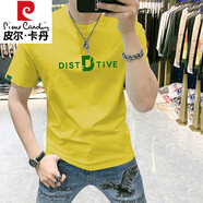 皮爾卡丹（pierre cardin）短袖t恤男士2025夏季新款美式印花潮牌潮流高端修身圓領(lǐng)體恤男款 黃色 XL 130-145斤