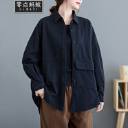 零點(diǎn)螞蟻200斤大碼女裝春秋減齡寬松中長(cháng)款工裝外套女秋季加肥加大碼外搭休閑襯衫上衣 黑色 M【100-130斤】