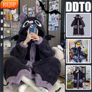 REJIP蝙蝠珊瑚絨睡衣女可愛(ài)情侶睡袍男冬季法蘭毛絨睡裙連體家居服套裝 小蝙蝠睡袍(睡袍+褲子) XL建議身高【170-178CM】