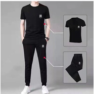 TLME & MINE 輕奢高端品牌 套裝男休閑運(yùn)動(dòng)褲短袖男套裝夏季新款冰絲長(zhǎng)褲 黑小套 裝平腳(夏) XL (建議110-120斤)