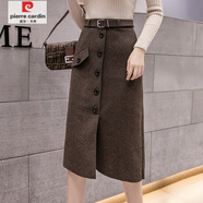 皮爾卡丹（pierre cardin）加厚款毛呢半身裙2025冬季半身裙中長(cháng)款氣質(zhì)顯瘦開(kāi)叉a字一步包裙 咖色扣子款 S 建議95斤以下