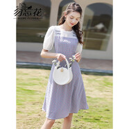 勿忘花純棉拼接格子連衣裙女2025夏季新款假兩件泡泡袖裙子 紫色 L