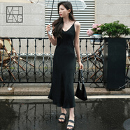 美洋（MEIYANG）弗拉明戈醋酸裙法式氣質(zhì)肌理拼接V領(lǐng)吊帶通勤連衣裙夏季吊帶裙女 黑色（長(cháng)版） S
