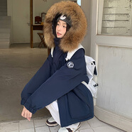 林羽森冬季工裝羽絨棉服女2024新款加厚大毛領(lǐng)派克服棉衣外套寬松棉襖冬 藏青色 M 推薦110-125斤