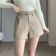 魅菲梵休閑皮短褲女2024秋冬pu皮闊腿褲高腰寬松百搭褲子外穿抗皺靴褲女 杏色 S