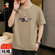 稻草人（MEXICAN）刺繡夏季男士短袖t恤純棉寬松大碼時(shí)尚圓領(lǐng)繡花男裝體恤夏天男裝 卡其B款印花 3XL建議160-175斤
