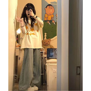 MZPLOI初中高中學(xué)生純棉寬松短袖t恤+高腰牛仔褲時尚百搭日系少女套裝夏 杏色短袖+淺藍色牛仔褲(兩件套) M (建議90-105斤)