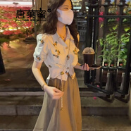 唐菓蜜連衣裙女夏季2024新款女裝韓版時尚氣質(zhì)顯瘦法式復古港風裙子夏天 杏色上衣+卡其色裙 L