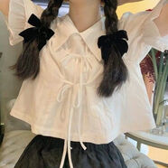 索宛亦（SUOWANYI）夏季學(xué)院日系jk軟妹可愛(ài)泡泡袖韓版寬松百搭白色襯衫學(xué)生上衣甜美 2#白色綁帶 襯衫 M 95斤-105斤