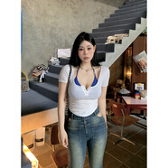 山頭林村辣妹上衣微胖遮肉正肩黑澤玄七mm2023夏季新款顯瘦紐扣真2件套短 白撞藍 M