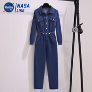 NASALIKE大碼牛仔連體褲女高級感2025年新款夏季高腰連體衣工裝套裝連身褲 深藍色 L 建議100-120斤