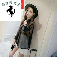 溥畔*沙衣打底衫女春款雪紡歐根紗透明襯衫女長(cháng)袖透視性感襯衣空調 513黑色 S