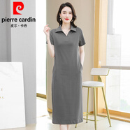 皮爾卡丹（pierre cardin）純棉t恤裙女夏季長款過膝寬松休閑大l碼領(lǐng)連衣裙顯瘦洋氣翻領(lǐng)針織 灰色  8909款 Polo領(lǐng) XL 120-130斤