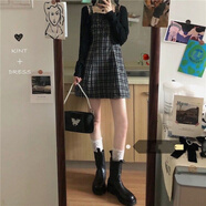 焱思泰顯瘦吊帶連衣裙針織開衫女春秋辣妹疊穿斑馬格紋小個子黑色長袖潮 格子吊帶裙+黑色開衫【套裝】 質(zhì)量保證 S 90斤內(nèi)90