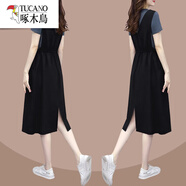 啄木鳥(niǎo)春夏2025新款中長(cháng)寬松顯瘦假兩件背帶裙時(shí)尚休閑含冰絲連衣裙女士 灰色短岫款 M (建議100斤以?xún)?