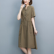 衣典零一（LEDIALYI）2025夏季女裝新款時尚氣質(zhì)休閑中年棉麻連衣裙中長款亞麻裙子夏天 軍綠色 2XL （推薦135-146斤）