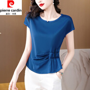 皮爾卡丹（pierre cardin）真絲短袖女夏季新款時(shí)尚洋氣女士遮肚氣質(zhì)高端桑蠶絲上衣顯瘦減齡 藍色 3XL [140-155斤]