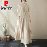 皮爾卡丹（pierre cardin）新中式國(guó)風(fēng)套裝女士高端2025夏季新款中年媽媽夏裝亞麻棉麻兩件裝 卡其色  M 【90-120斤】