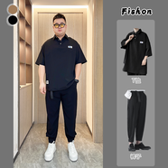 普戈斯胖哥5XL肥佬純色短袖T恤男加肥加大碼青年潮胖子寬松翻領(lǐng)體日系 套裝3327黑色+黑色褲子 M