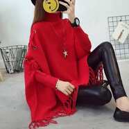 蘭威費(fèi)雷女裝針織衫蝙蝠衫披肩斗篷外套女下擺流蘇寬松套頭毛衣女 紅色 2XL