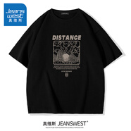真維斯（Jeanswest）日系220g重磅t恤男短袖純棉寬松大碼三本針半截袖休閑體恤打底衫 黑色(大遠(yuǎn)方山云) M (170) (30天質(zhì)量問題全額退)